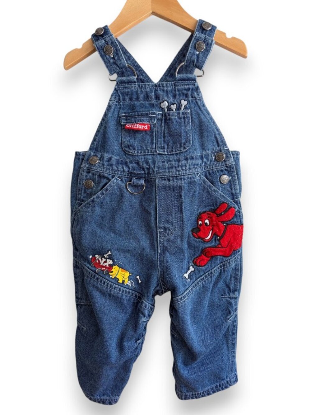 Vintage Y2K Kids Clifford The Big Red Dog Denim Overalls 12 Month/ T-Bone/ Bones
